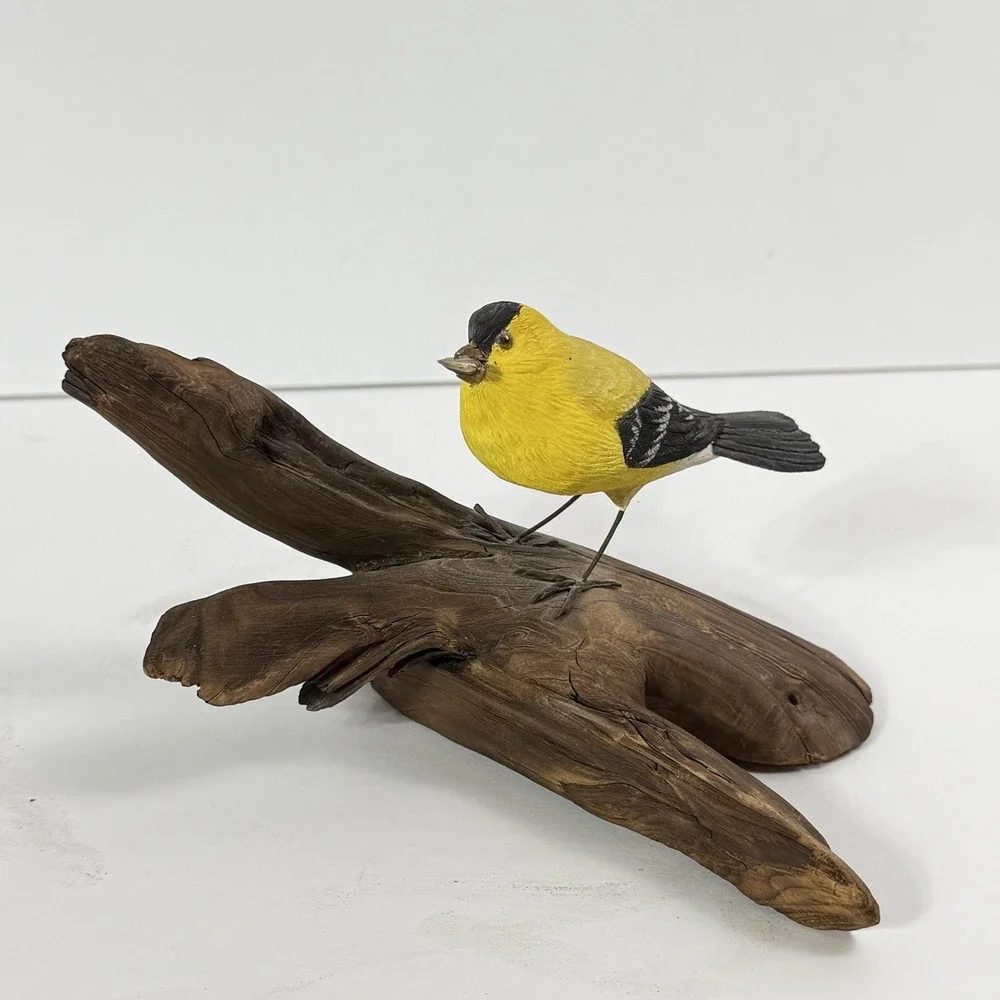 Vintage Hand Carved Wood Gold Finch Bird Figurine Driftwood Branch Signed